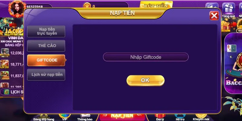 Sử dụng giftcode để nạp tiền thưởng và chơi game