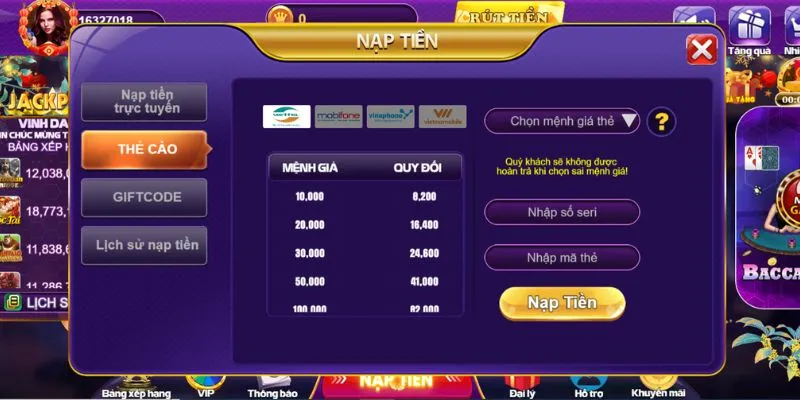 Nạp tiền 68 game bài từ thẻ cào của các nhà mạng uy tín